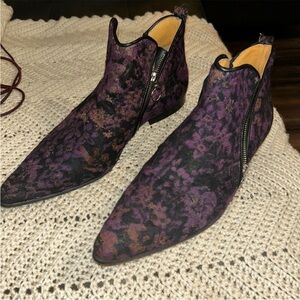 John Fluevog Purple and Black Floral Ankle Boots